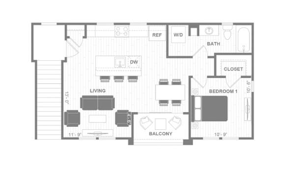 A black and white image of a floor plan for a small apartment.