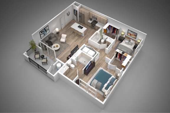 A 3D rendered image of a modern, well-furnished apartment.