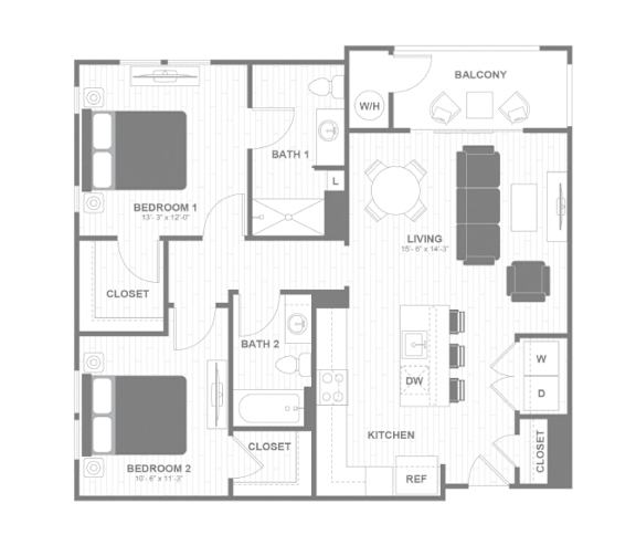 A floor plan of a house with two bedrooms, a living room, a kitchen, a bathroom, a balcony, and a closet.