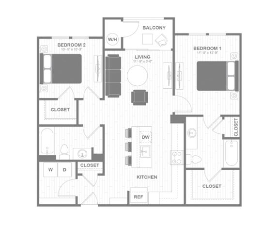 A floor plan of a two bedroom apartment with a living room, kitchen and three closets.