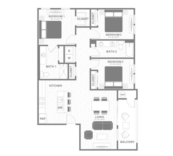 A black and white floor plan of an apartment with three bedrooms, a kitchen, a living room, and a balcony.
