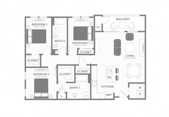 A black and white floor plan of an apartment with two bedrooms, two bathrooms, a balcony, a living room, a kitchen, and a reference room.