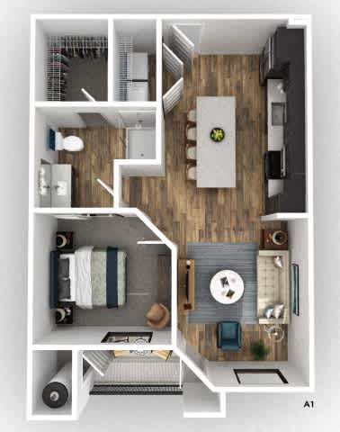 A top-down view of a small apartment layout with a living room, kitchen, and bedroom.