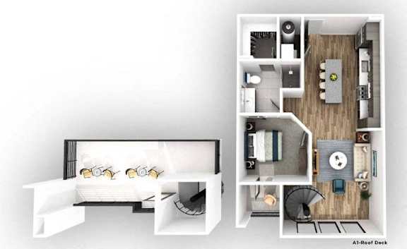 A floor plan of an at-roof deck with a kitchen, living room, and bedroom.