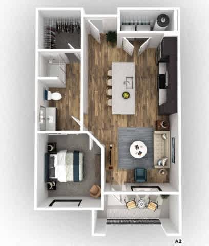 A 3D floor plan of a small apartment with a kitchen, living room, and bathroom.