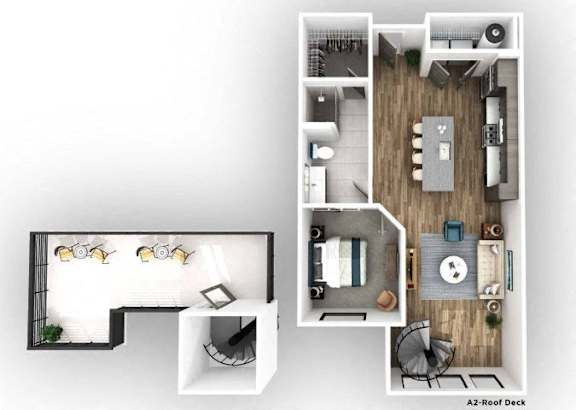 A 2-Roof Deck layout with a kitchen, living room, and bathroom.