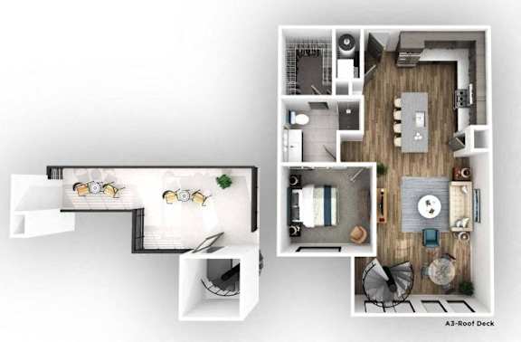A three-room deck layout with a kitchen, living room, and dining area.