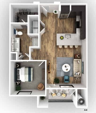 A floor plan of an apartment with a living room, kitchen, and bathroom.