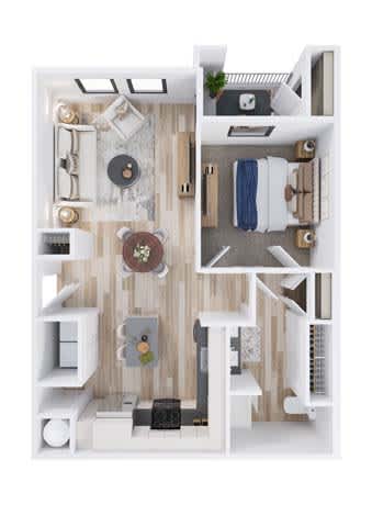 A top down view of a small apartment with a kitchen, living room, and bedroom.