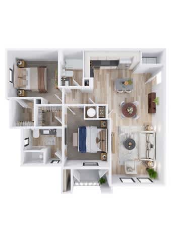 A white and wood floor plan of a house with a kitchen, living room, and bathroom.
