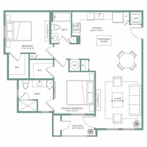 A floor plan of a house with a primary bedroom, a secondary bedroom, a bathroom, a kitchen, a living room, and a balcony.