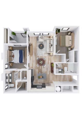 A top-down view of a small apartment with a kitchen, living room, and bathroom.