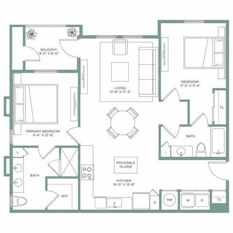 A floor plan of a house with a living room, two bedrooms, a bathroom, a kitchen, and a balcony.