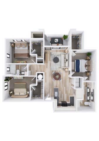 A floor plan of a house with a living room, kitchen, and two bedrooms.