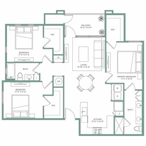 A floor plan of a house with two bedrooms, a living room, a kitchen, and a bathroom.