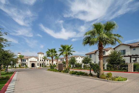 A palm tree stands in front of a large house.