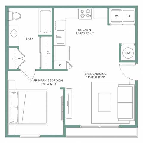 A floor plan of a small apartment with a kitchen, bathroom, living/dining area, and two bedrooms.