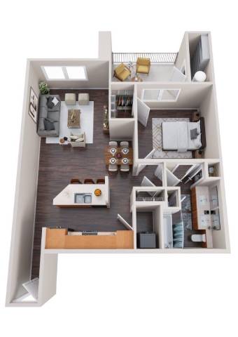A 3D floor plan of a small apartment with a kitchen, living room, and bedroom.