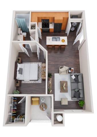 A top-down view of a small apartment with a living room, kitchen, and bedroom.
