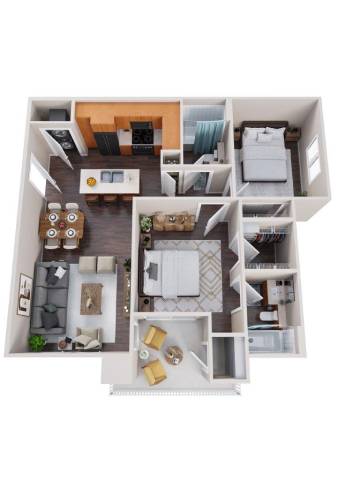 A top down view of a small apartment with a kitchen, living room, and bedroom.