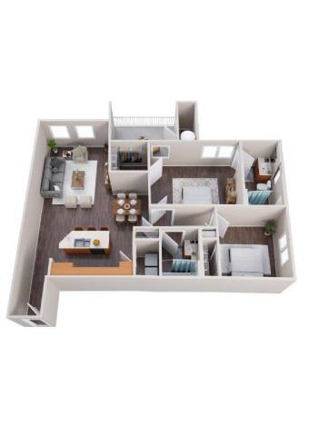 A 3D floor plan of a house with a kitchen, living room, and bedrooms.