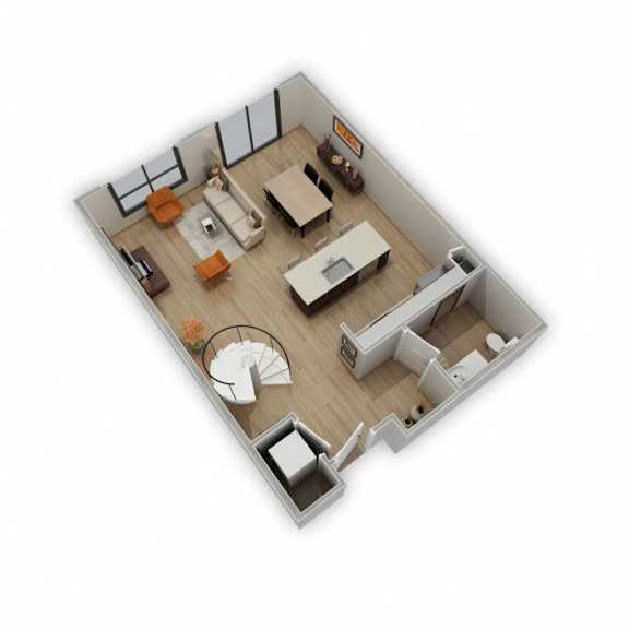 A top down view of a living room with a couch, a chair, a coffee table, a dining table, a TV, a plant, and a rug.