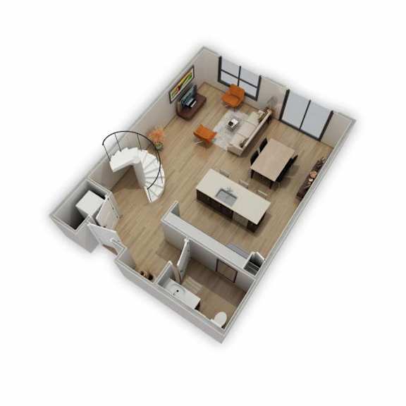 A 3D rendered image of a modern house interior.