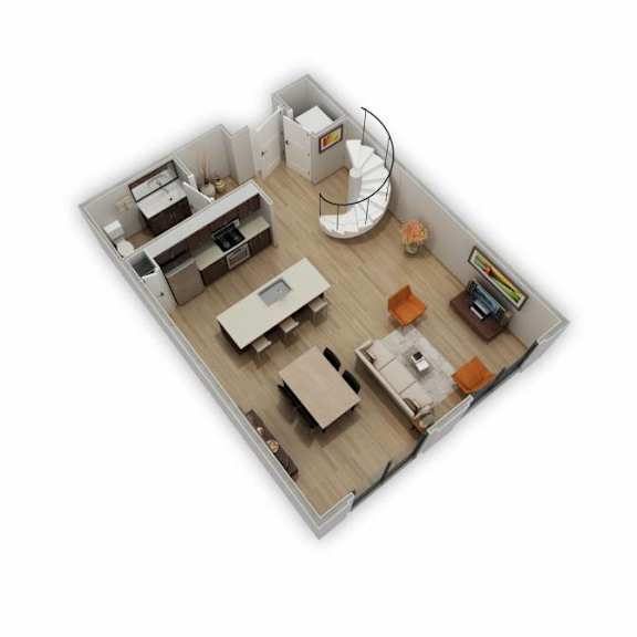A 3D floor plan of a small apartment with a kitchen, living room, and bedroom.