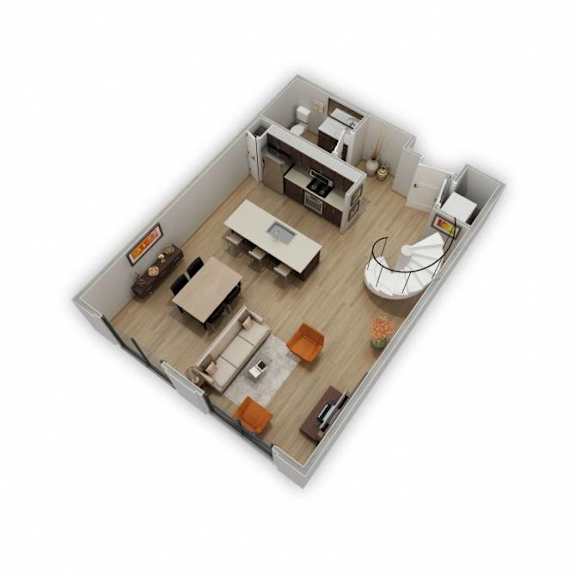 A top-down view of a small apartment with a kitchen, living room, and bedroom.