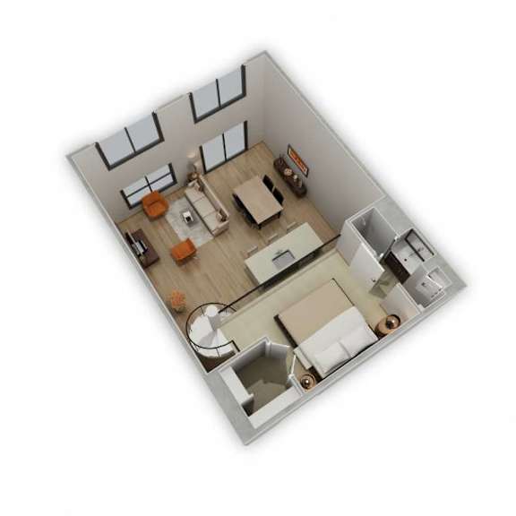 A top down view of a small apartment with a kitchen, living room, and bathroom.