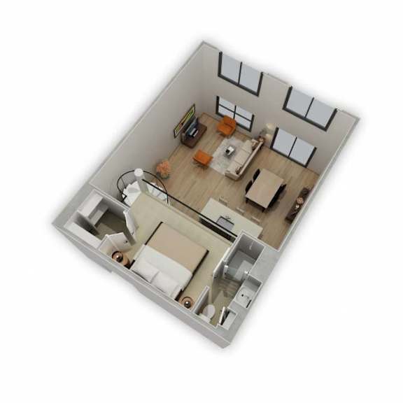 A top down view of a modern apartment with a kitchen, living room, and bathroom.