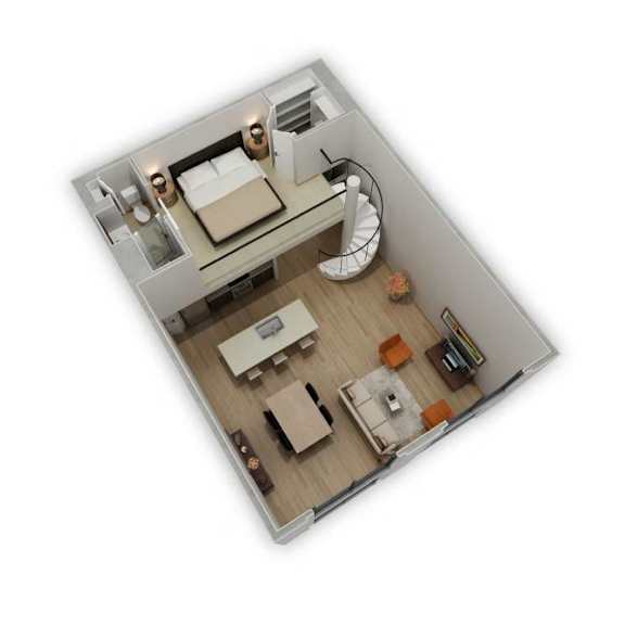 A top-down view of a small, neatly organized apartment with a bed, a desk, and a kitchenette.