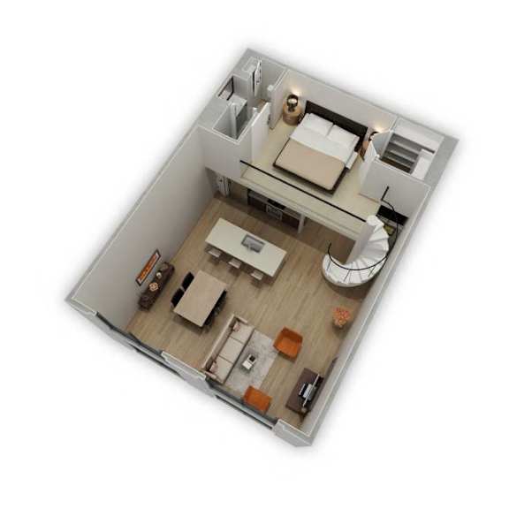 A top-down view of a small, neatly organized bedroom with a bed, desk, and chair.