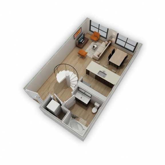 A top-down view of a modern kitchen and living room.