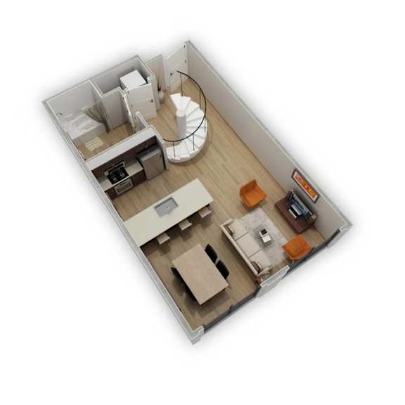 A top down view of a small apartment with a spiral staircase.