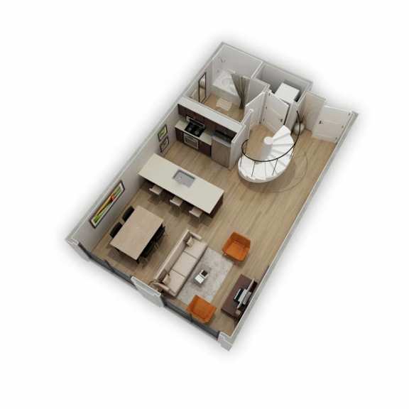A top-down view of a modern apartment layout with a kitchen, living room, and bedrooms.