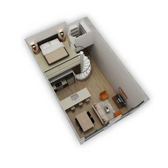 A top down view of a small apartment with a bed, a desk, a chair, a couch, and a small kitchen area.