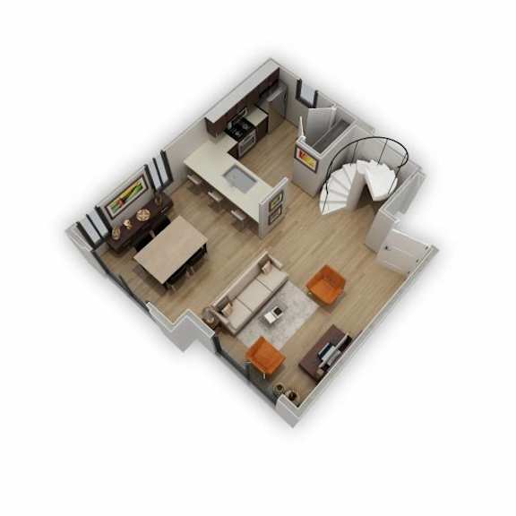 A 3D rendered image of a house layout.