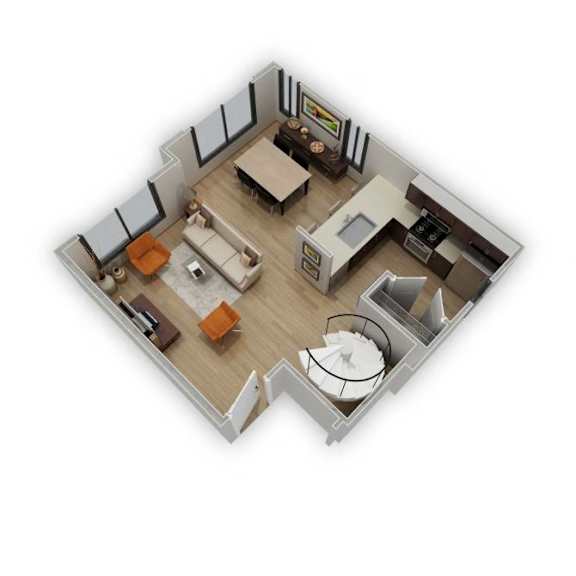 A 3D rendered image of a modern apartment layout.