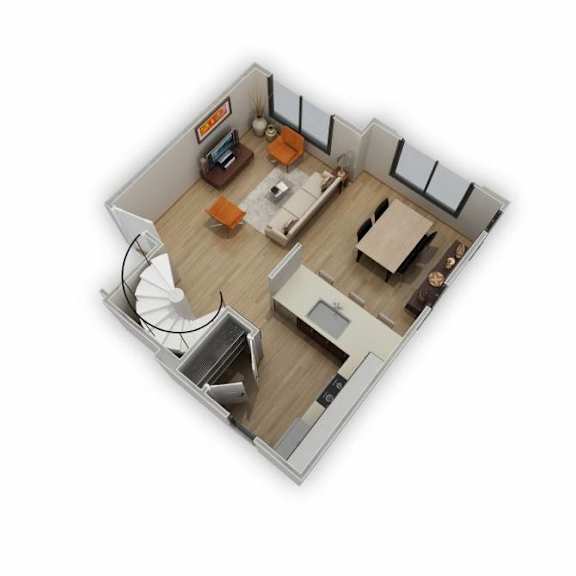 A 3D rendered image of a modern kitchen and living room.