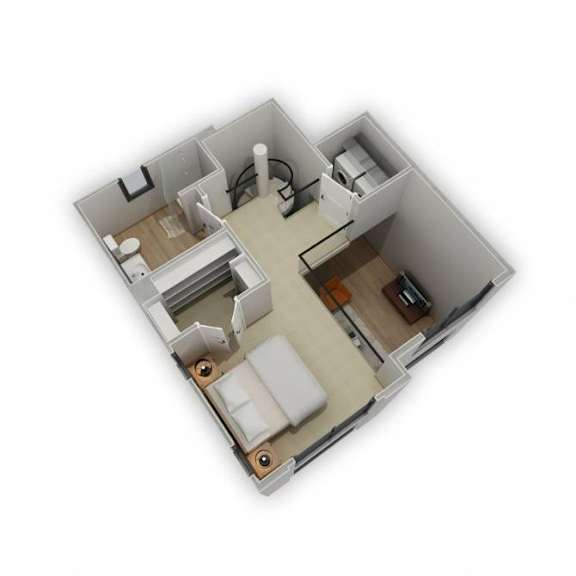 A 3D floor plan of a small apartment with a kitchen, living room, and bathroom.