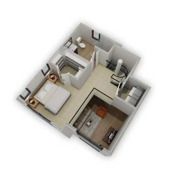 A 3D floor plan of a small apartment with a kitchen, living room, and bathroom.