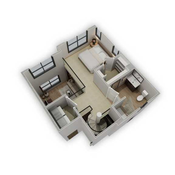 A 3D image of a house layout with a bedroom, living room, and kitchen.