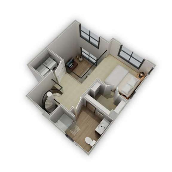 A 3D rendered image of a small apartment layout.