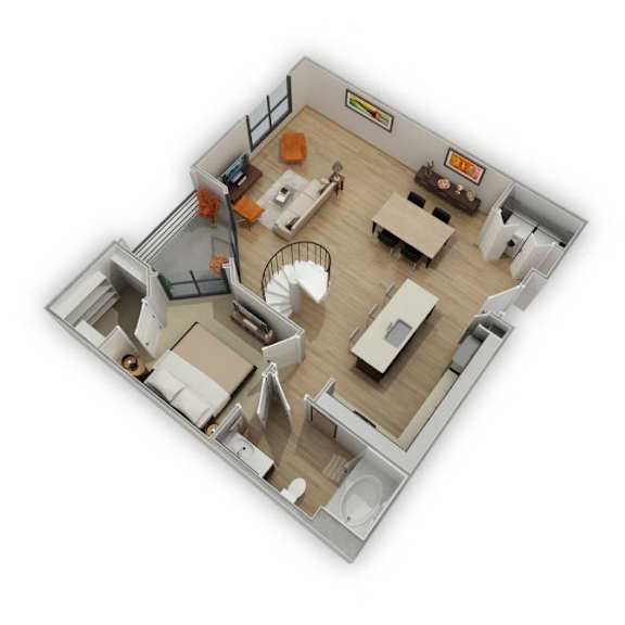 A 3D rendered image of a modern apartment layout.