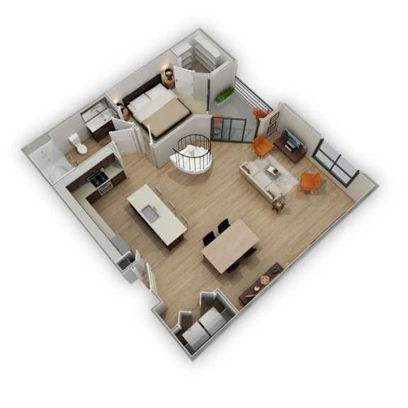 A 3D image of a house layout with a spiral staircase.