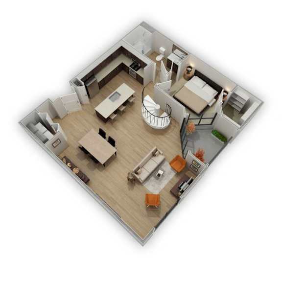Floor Plan  A 3D floor plan of a small apartment with a kitchen, living room, and bedroom.