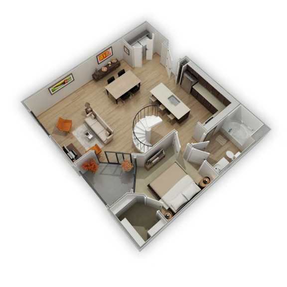 A top down view of a living room with a spiral staircase.