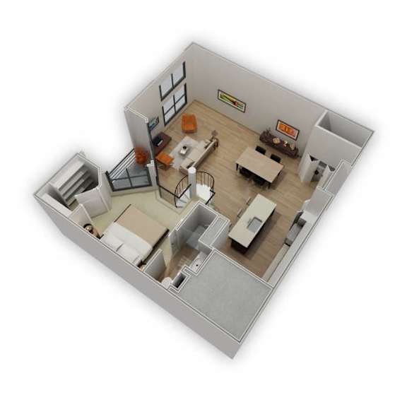 A 3D rendered image of a modern apartment layout.