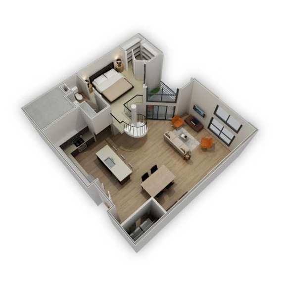 A 3D floor plan of a house with a spiral staircase.